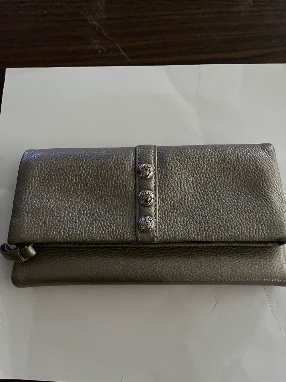 Brighton Metallic Gray Leather Fold-Over Wallet with Decorative Buttons
